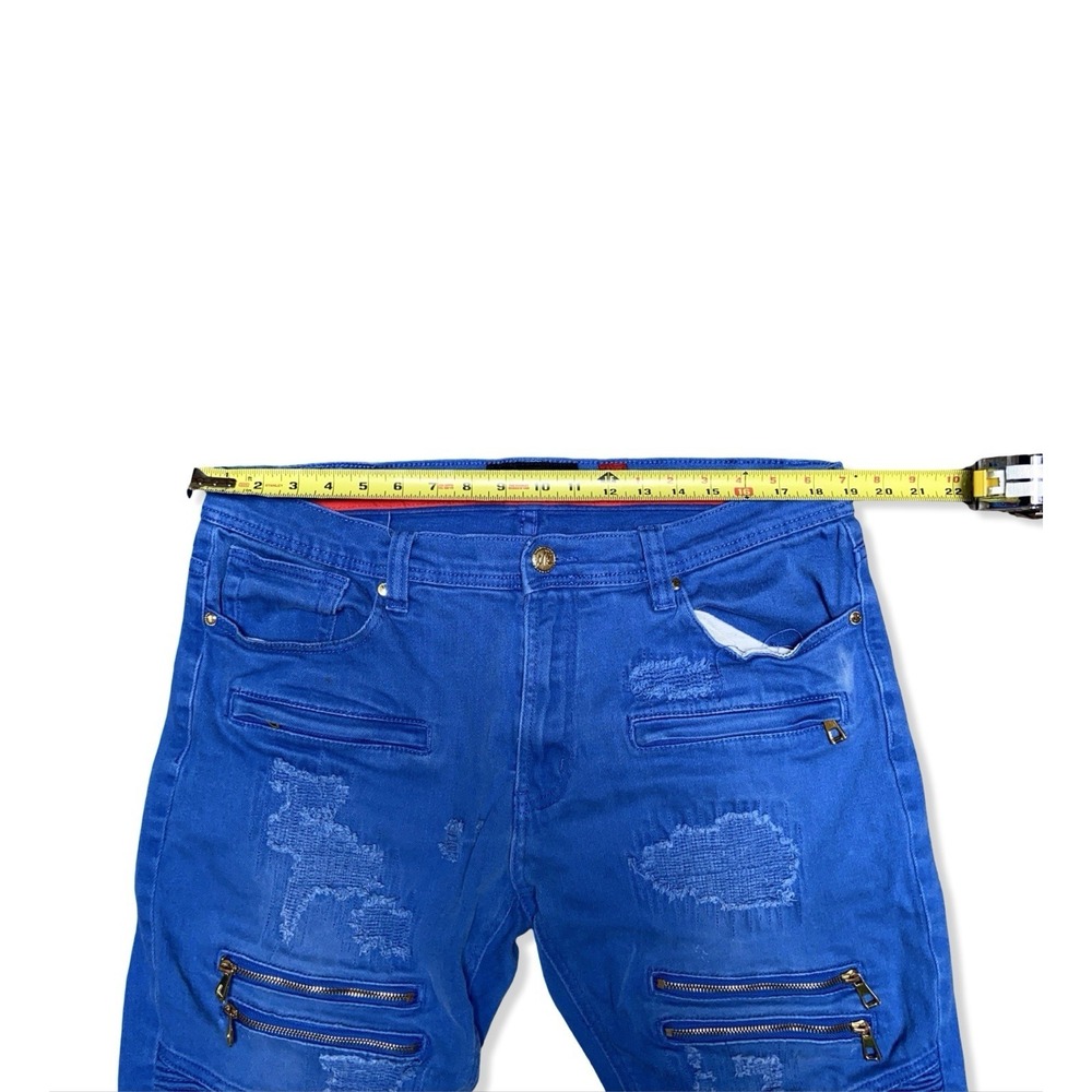 Makobi Biker Moto Jeans Blue Distressed Zip Pocket Skinny Denim 36x32 - Picture 4 of 11
